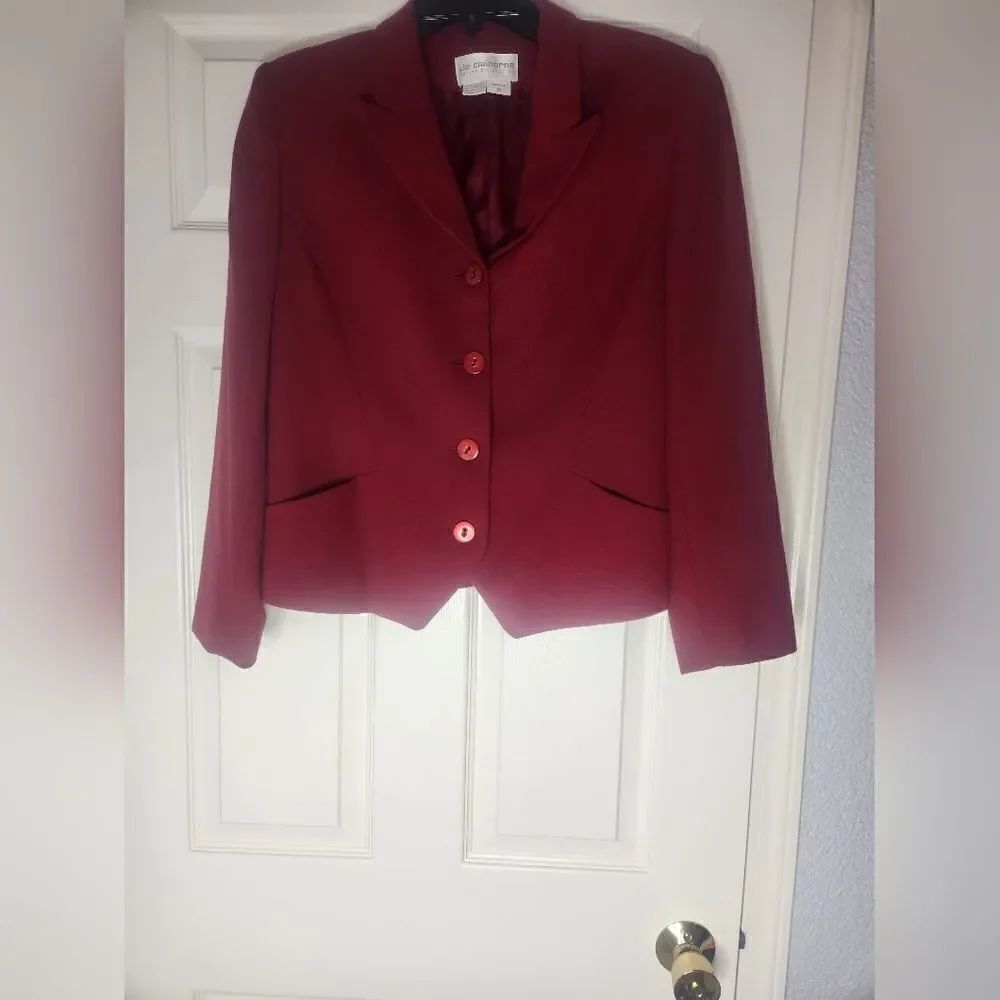 Liz Claiborne 10P Burgundy 100% WOOL Lslvs Pockets 4 ButtonLined Women’s Blazer